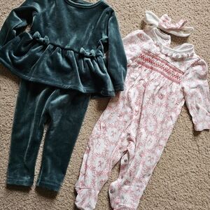Green Velour Outfit and White Floral Onesie Set